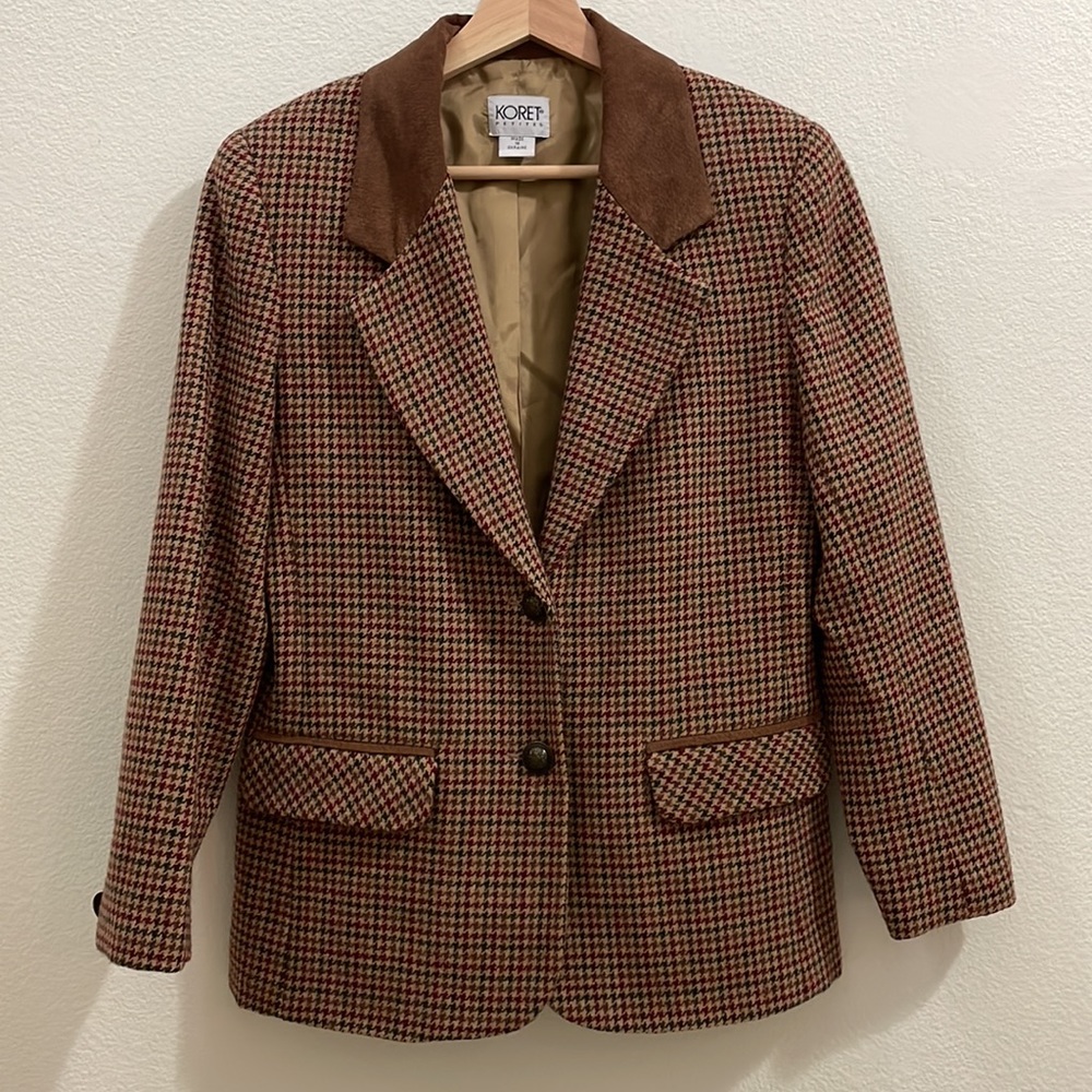 Vintage Koret Petites Wool Blend Houndstooth Genuine Suede Collar Blazer